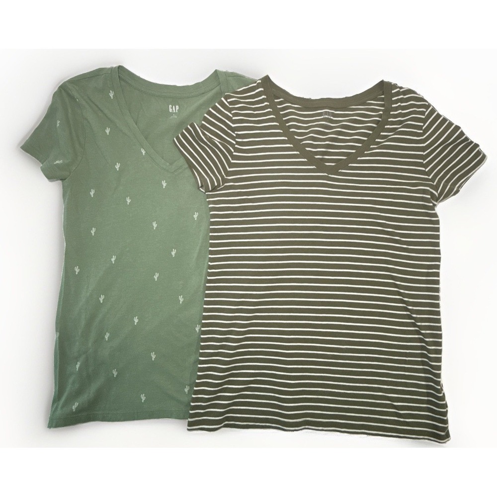 GAP Womens Green V-Neck Short Sleeve Shirt Lot 2 Pack Striped Cactus Small S